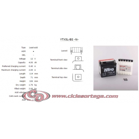 Bateria de moto Nitro YTX5L-BS AGM abierta con pack de acido